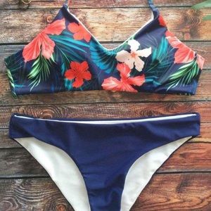Floral Printed Blue Bikini Top and Bottom